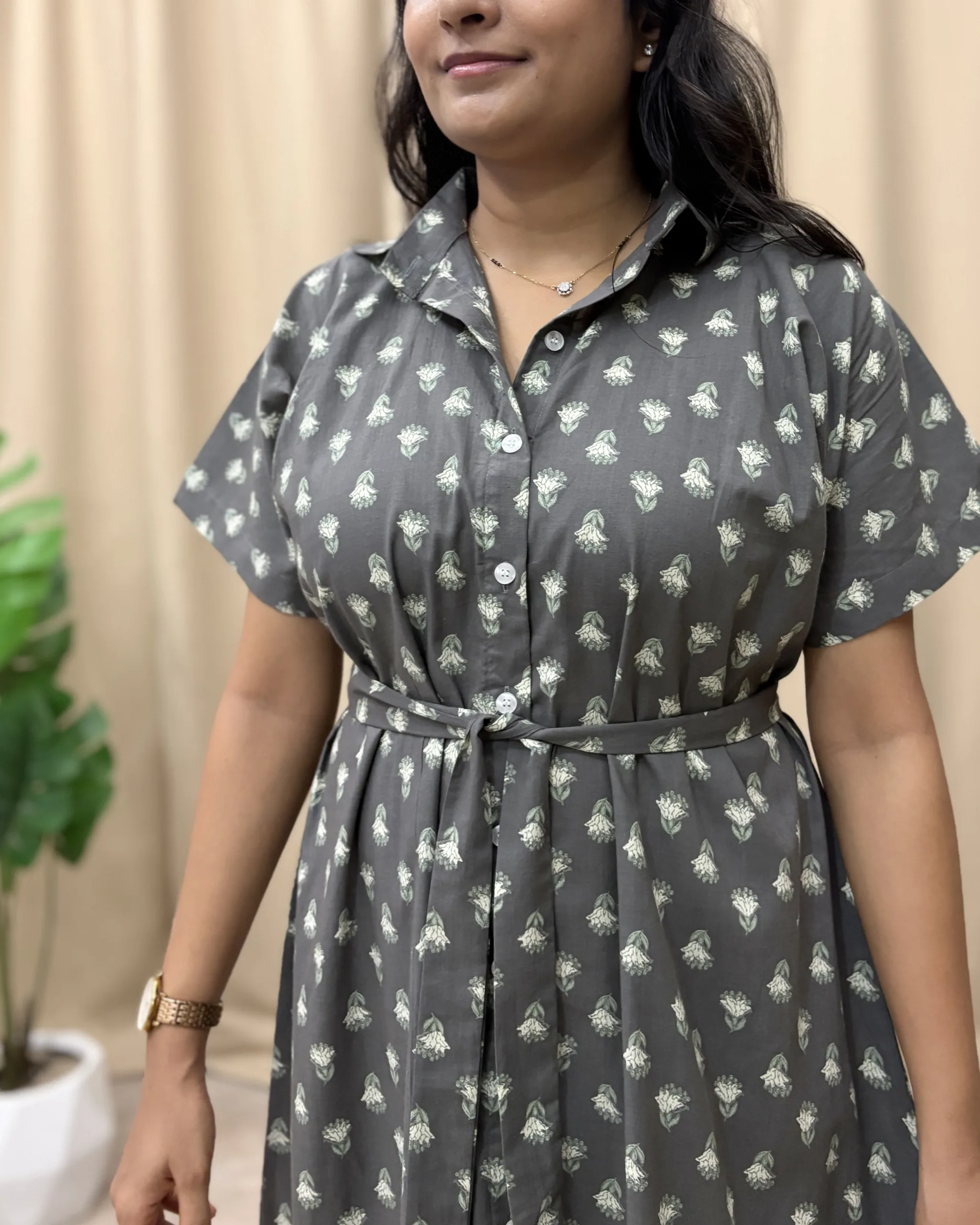 Grey floral print a line shirt dress - Image 5