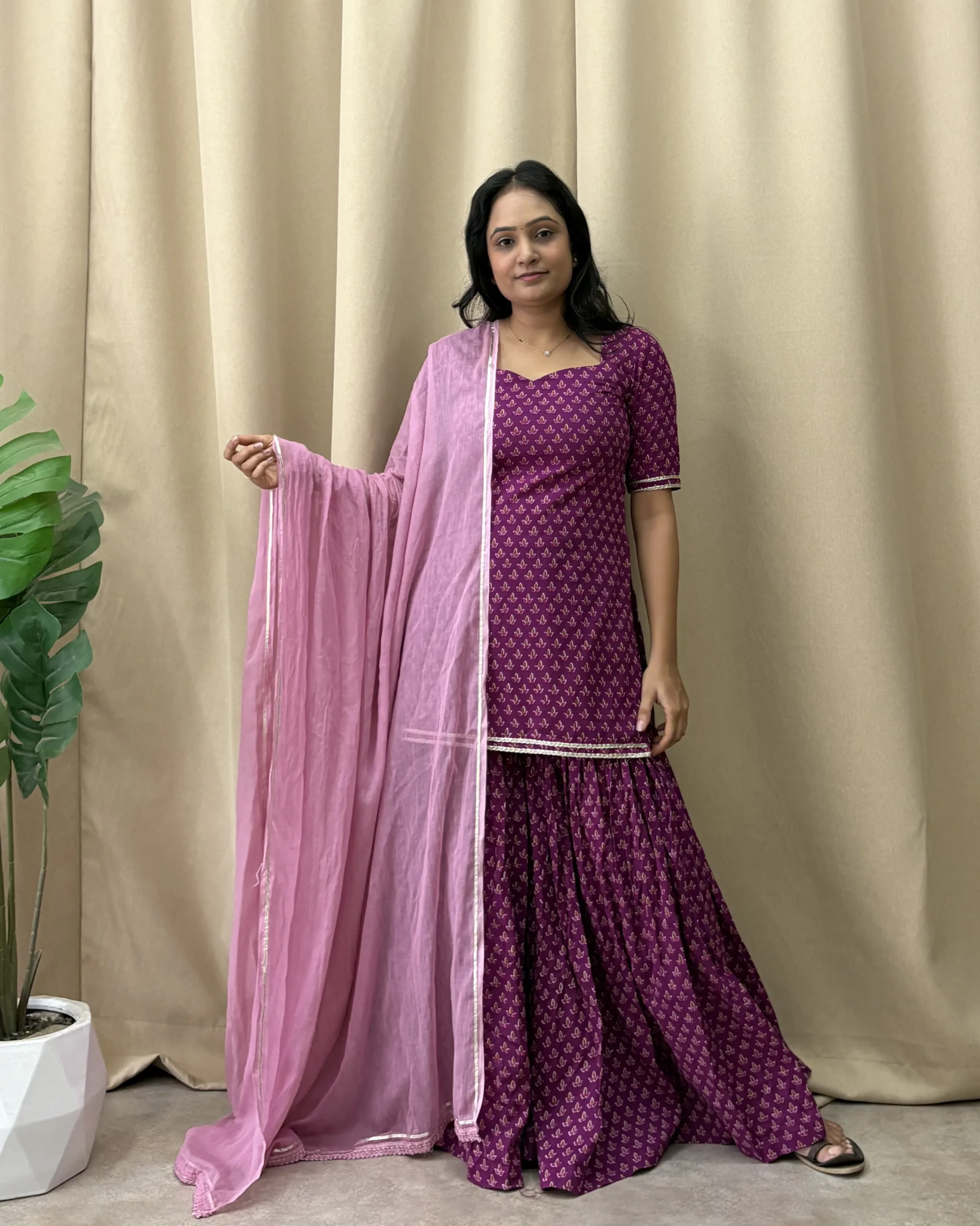 Wine cotton printed flared sharara suit
