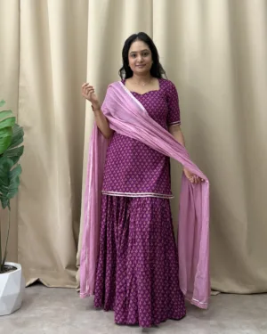 Wine cotton printed flared sharara suit