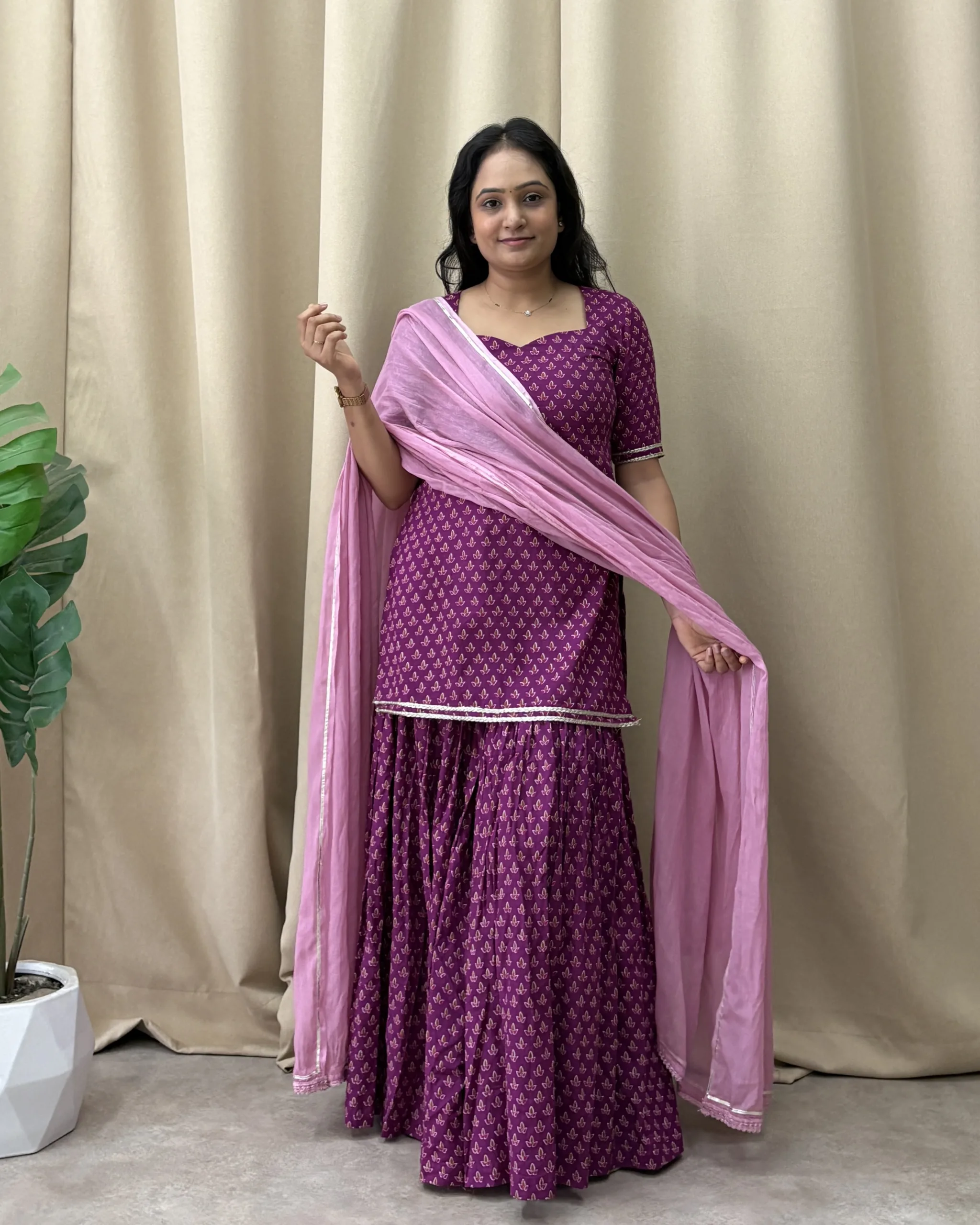 Wine cotton printed flared sharara suit