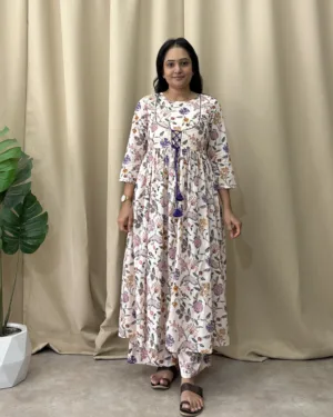 Off white floral print mul cotton kurta set