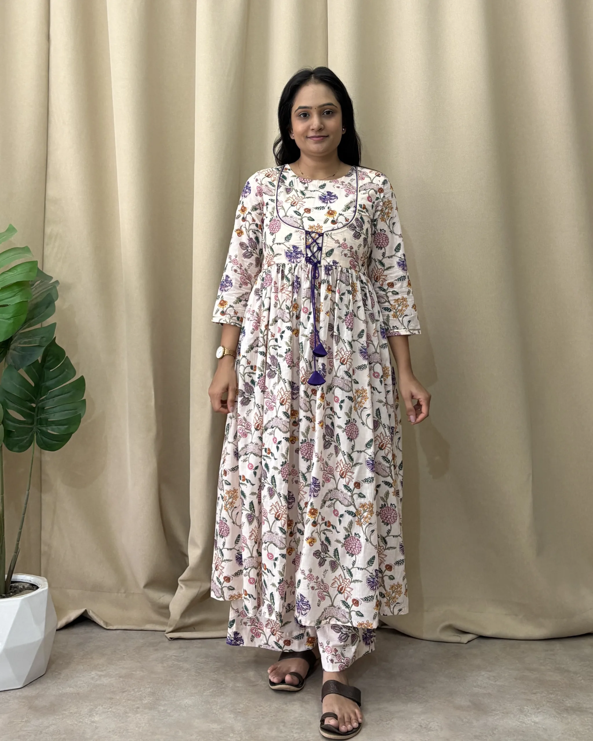 Off white floral print mul cotton kurta set