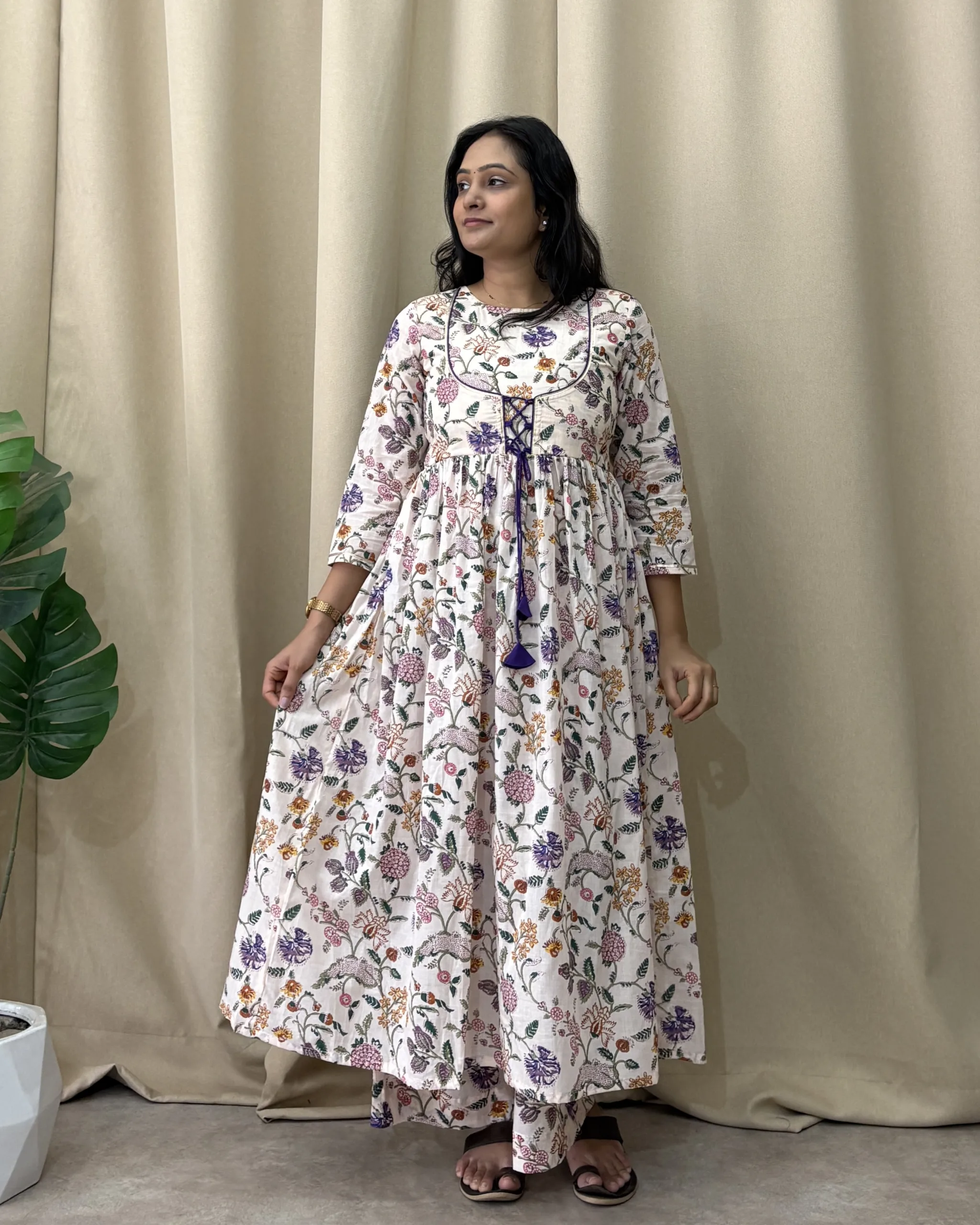 Off white floral print mul cotton kurta set