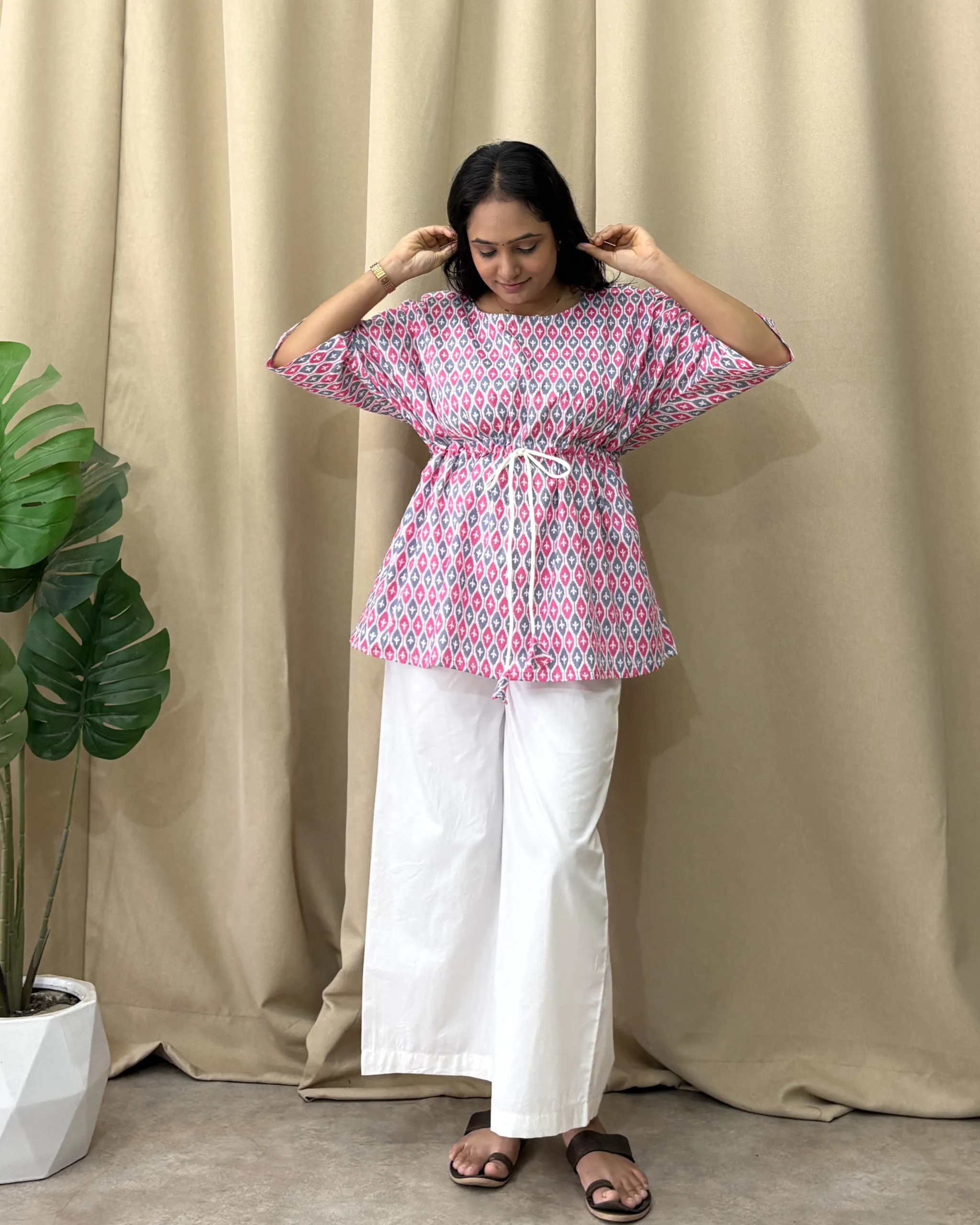 Pink & Grey cotton printed kaftan set