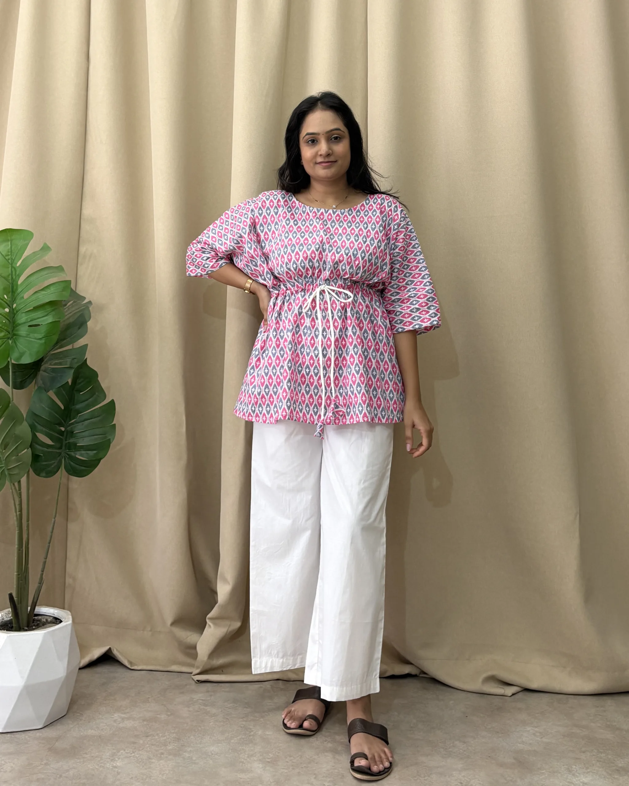 Pink & Grey cotton printed kaftan set