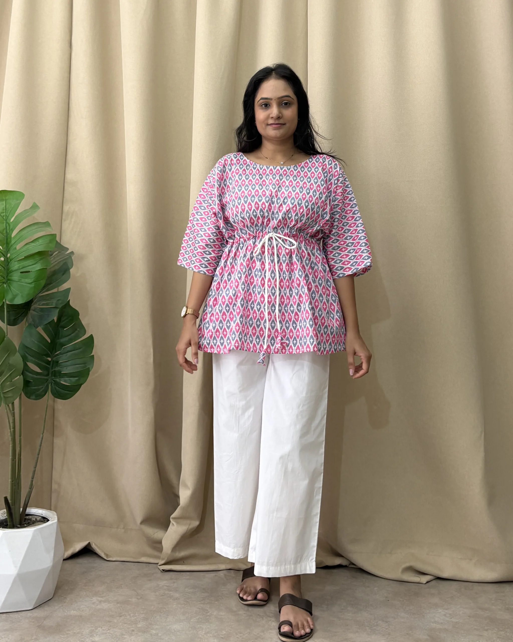 Pink & Grey cotton printed kaftan set - Image 3