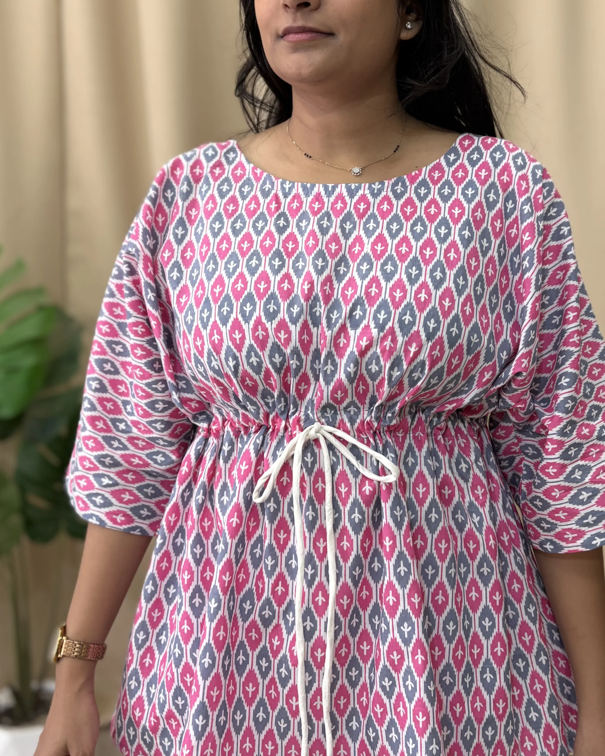 Pink & Grey cotton printed kaftan set - Image 4