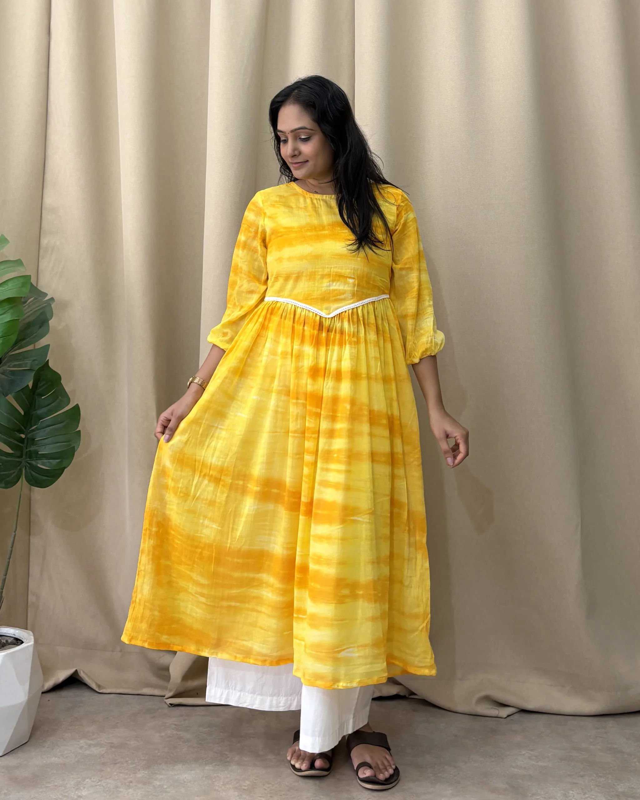 Yellow shibori print mul cotton kurta set