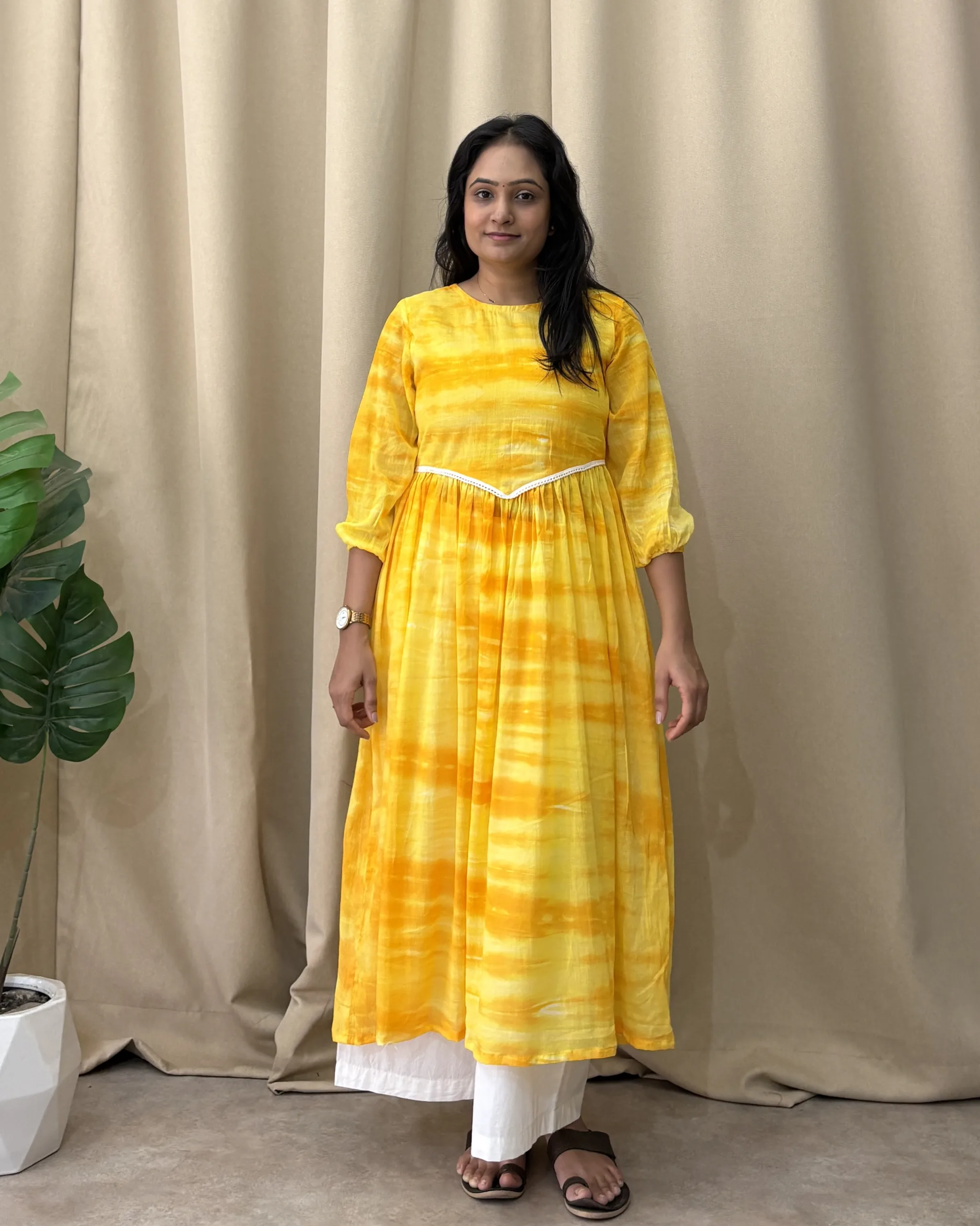 Yellow shibori print mul cotton kurta set