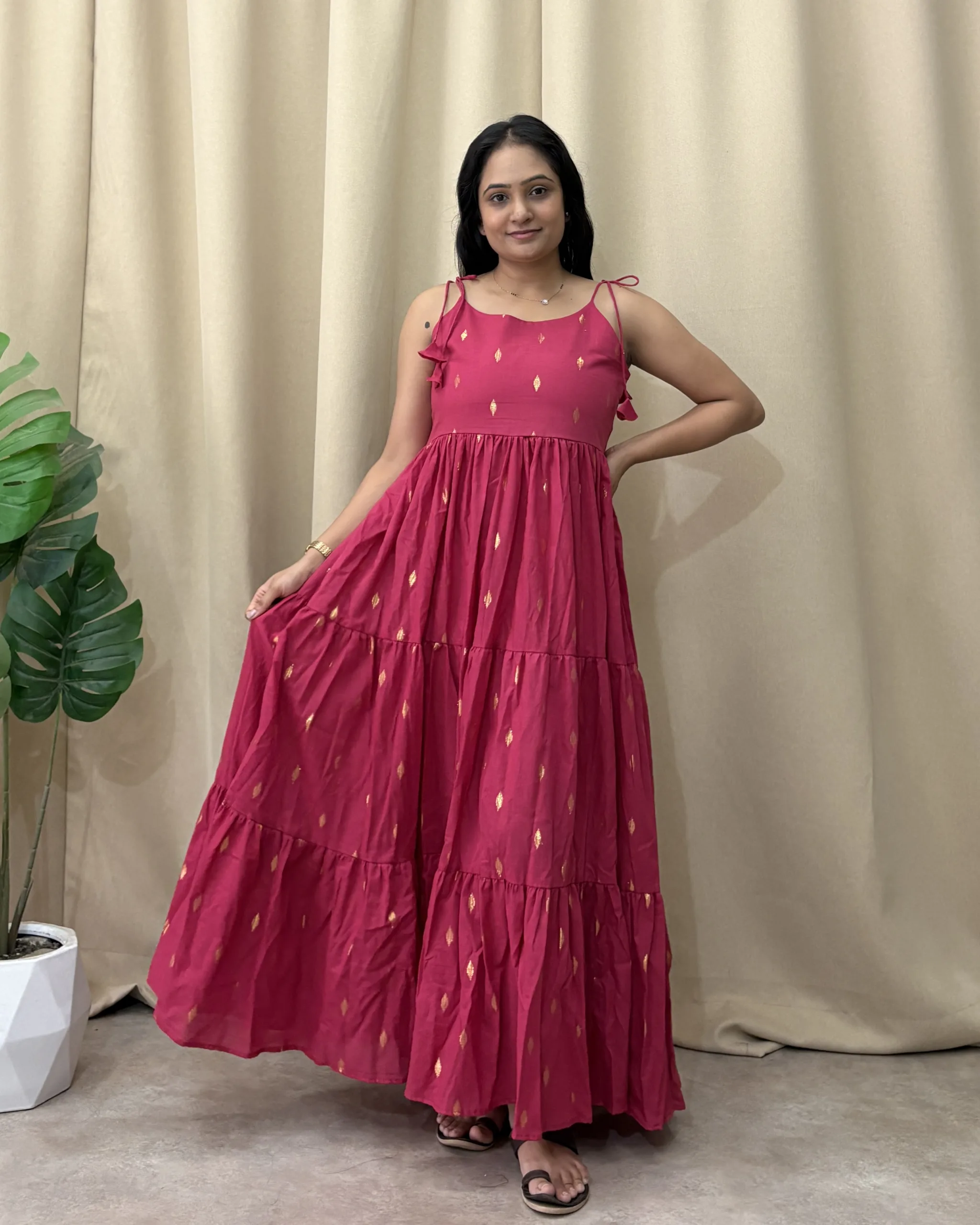 Pink cotton tiered dress with golden weave