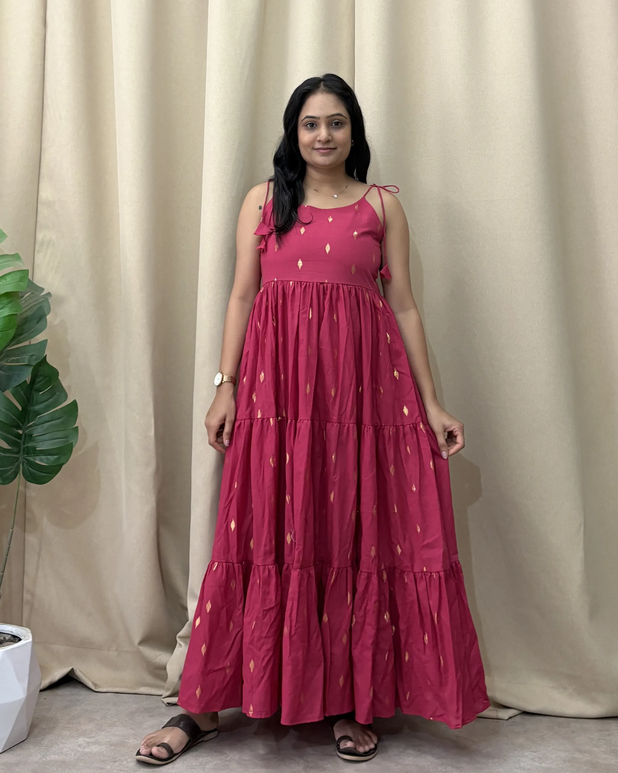 Pink cotton tiered dress with golden weave